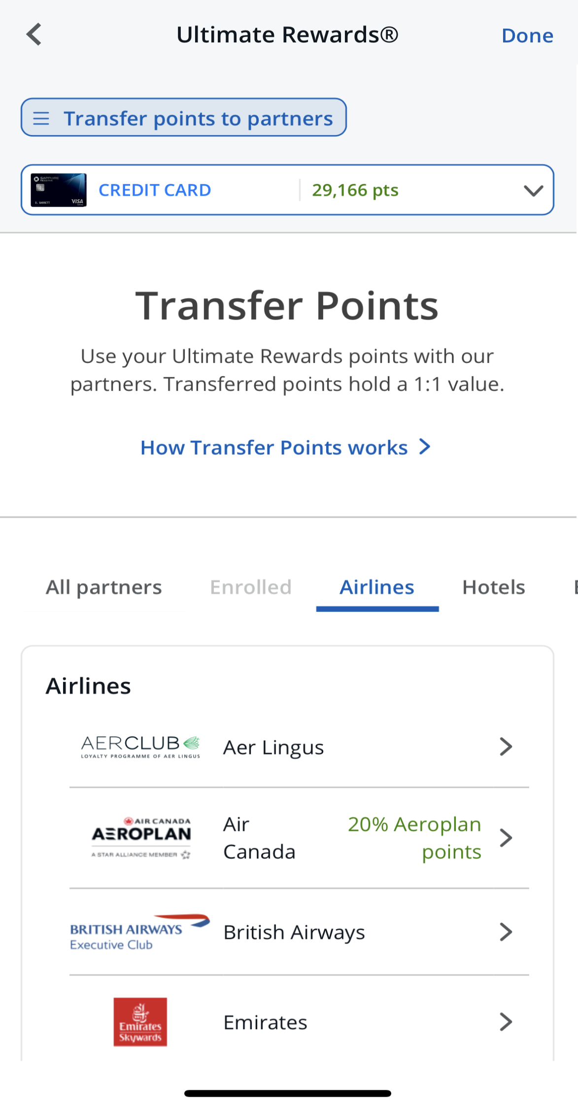 Chase Sapphire Reserve Airline Transfer Partners - Aer Lingus, Air Canada, British Airways, Emirates