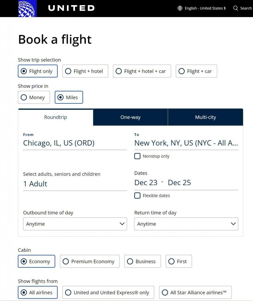 book flight dates on United website