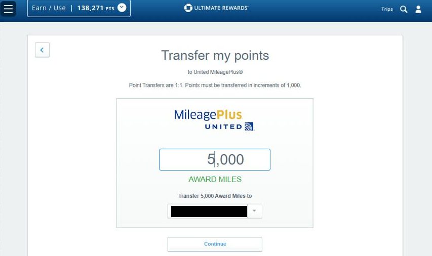 choose how much points to transfer to United MileagePlus