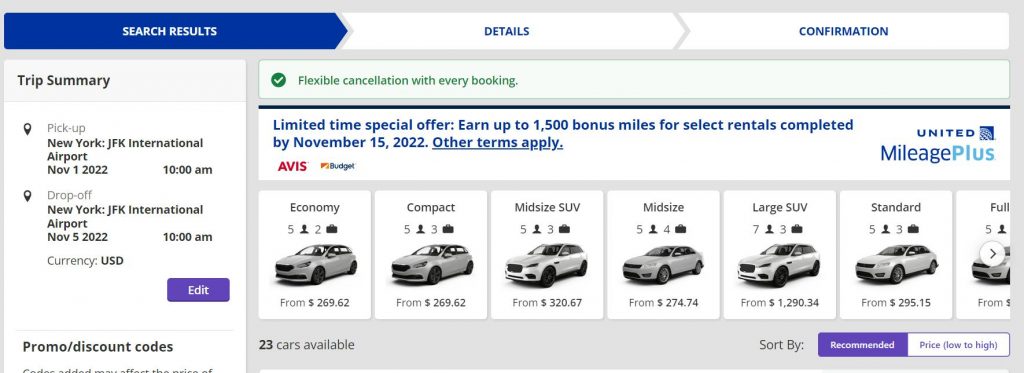 compare rental car options on United website