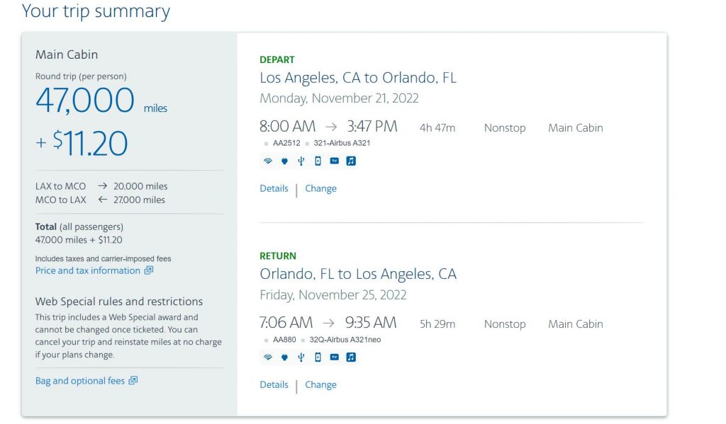 trip summary on American Airlines website (47K miles)