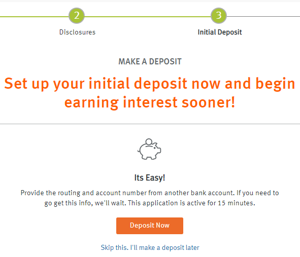 initial deposit to Discover savings