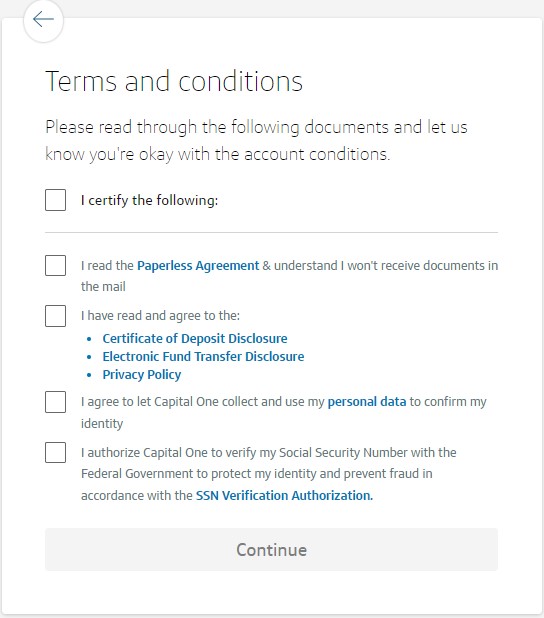 capital one CD application - Terms and conditions
