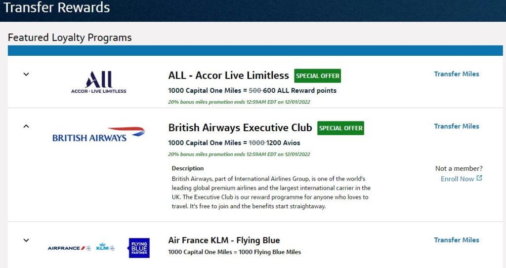 transfer Capital One miles to airline partners - list