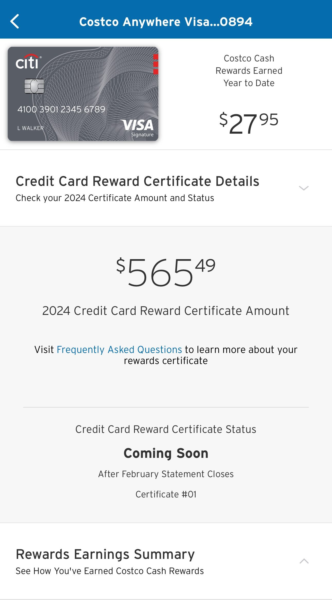 Costco credit card rewards certificate status