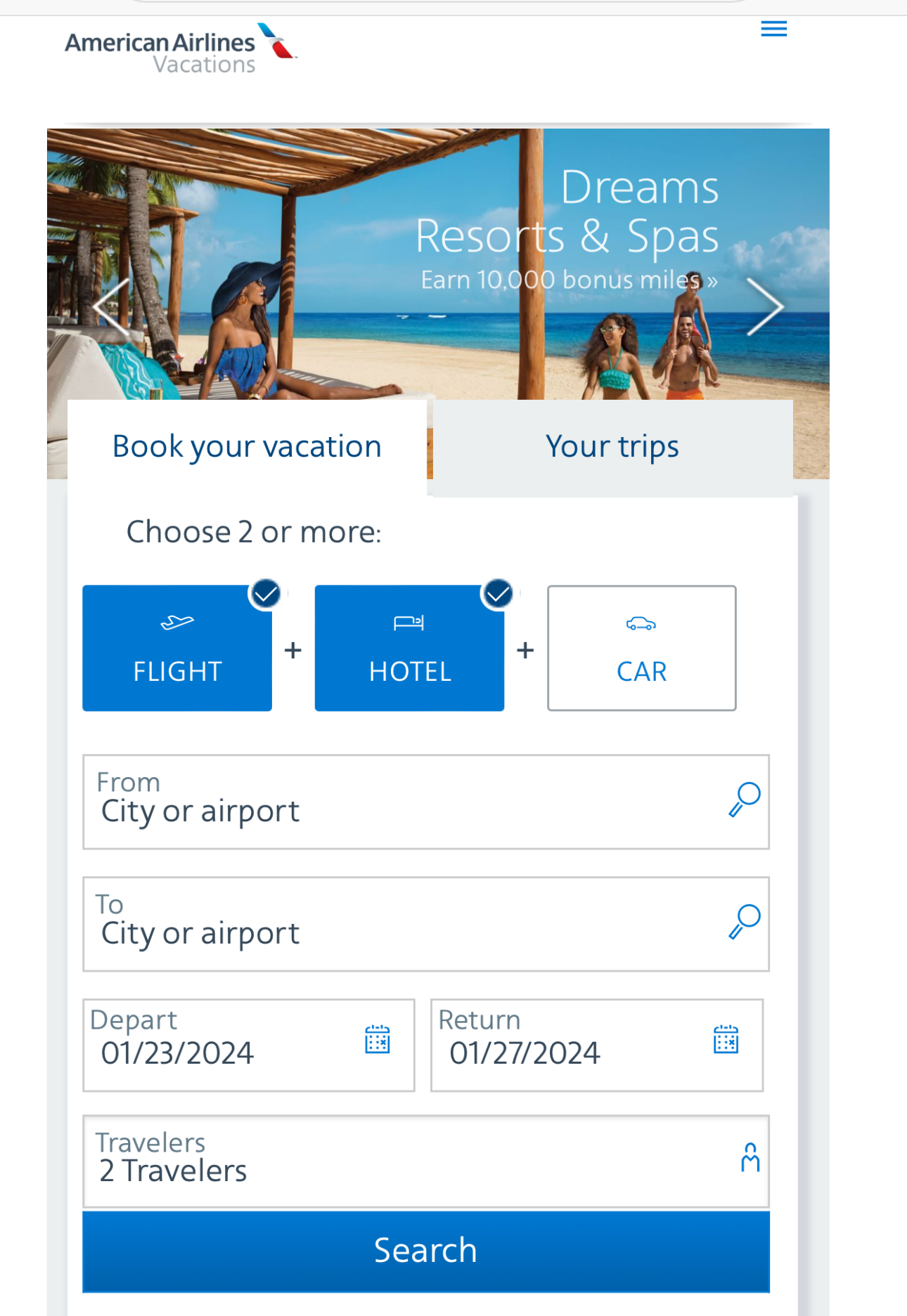 Redeem American Airlines miles for a vacation