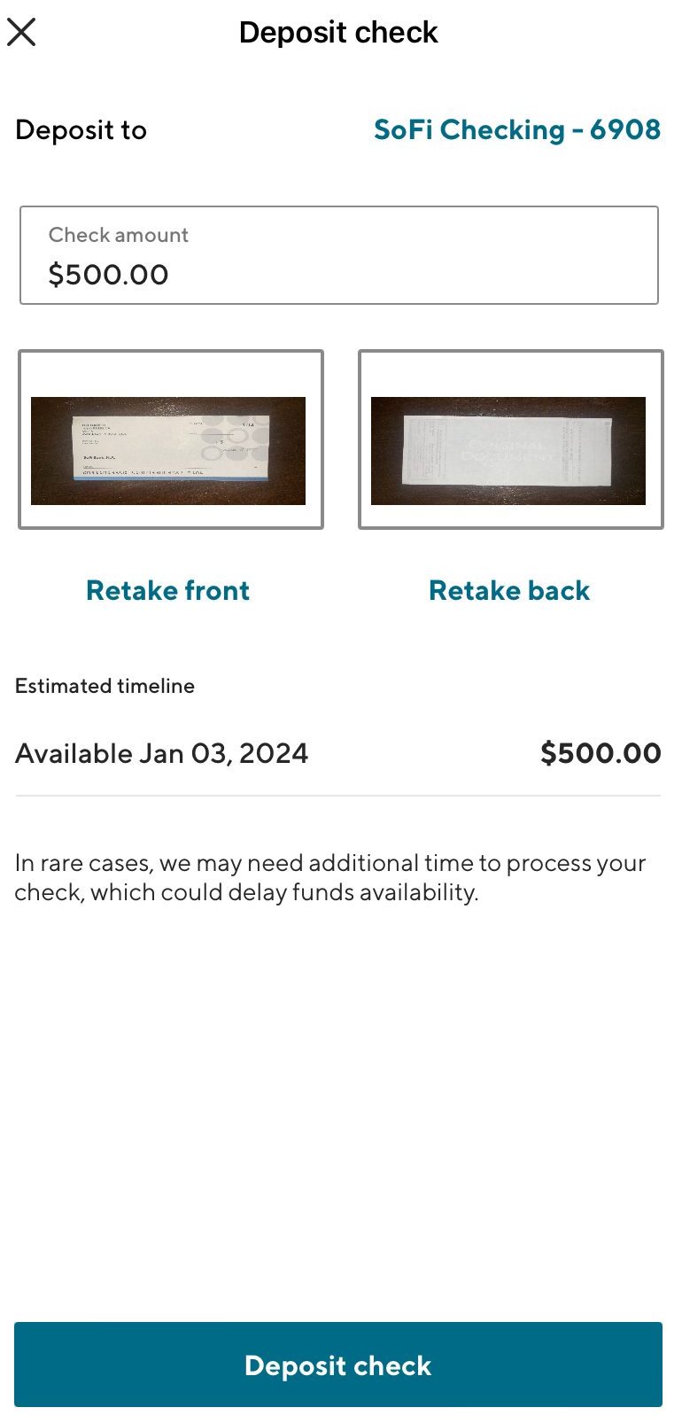 SoFi deposit check process