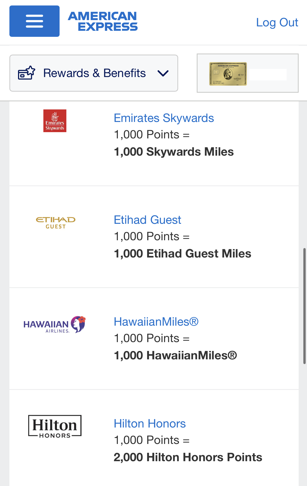 Amex gold Transfer points to Airline and Hotels - Emirates, Etihad, Hawaiian and Hilton honors