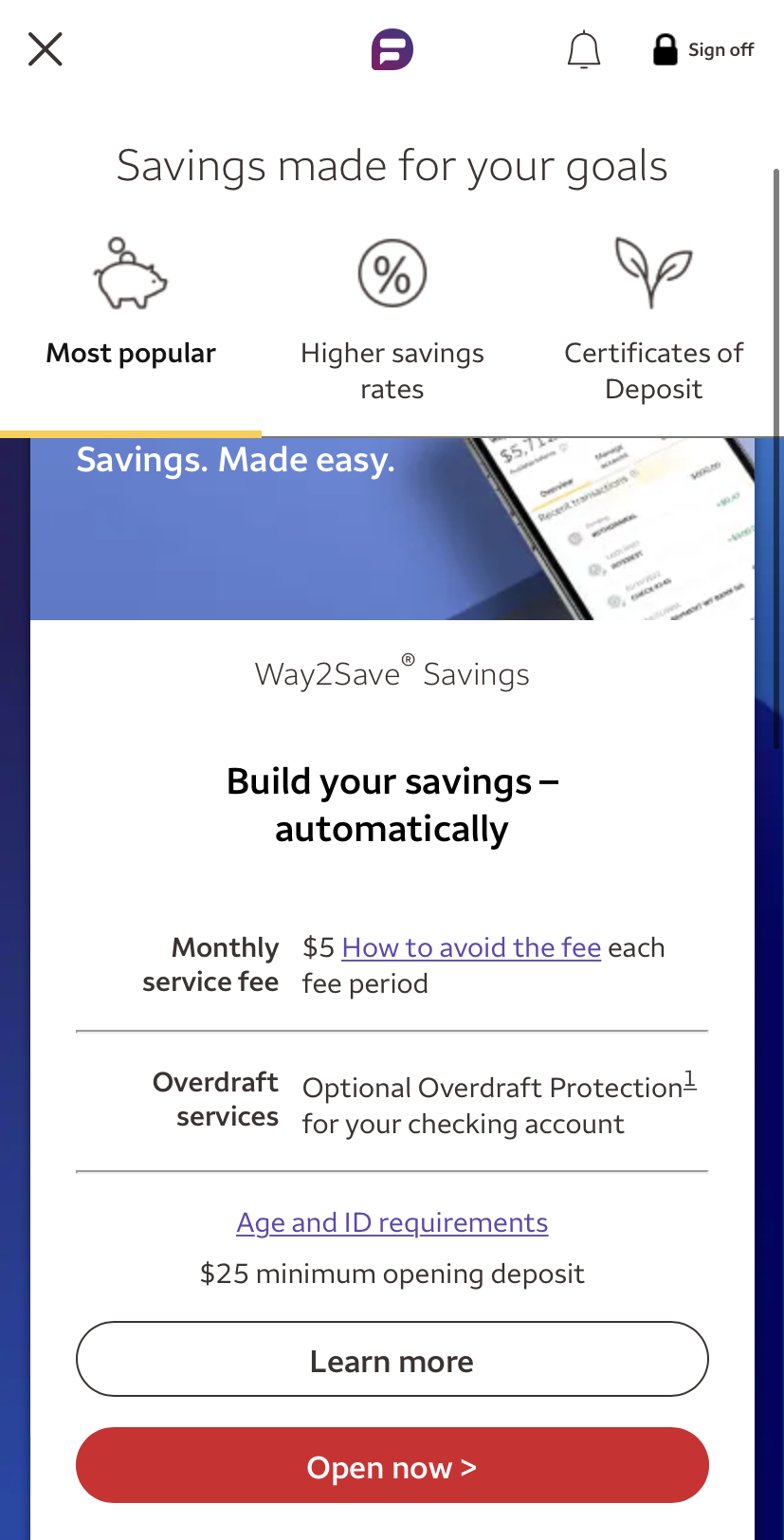 WF Open savings account