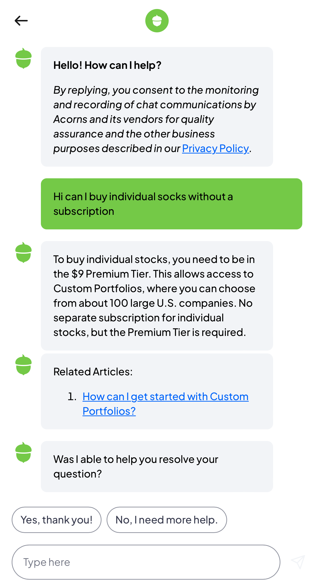 Acorns chat support