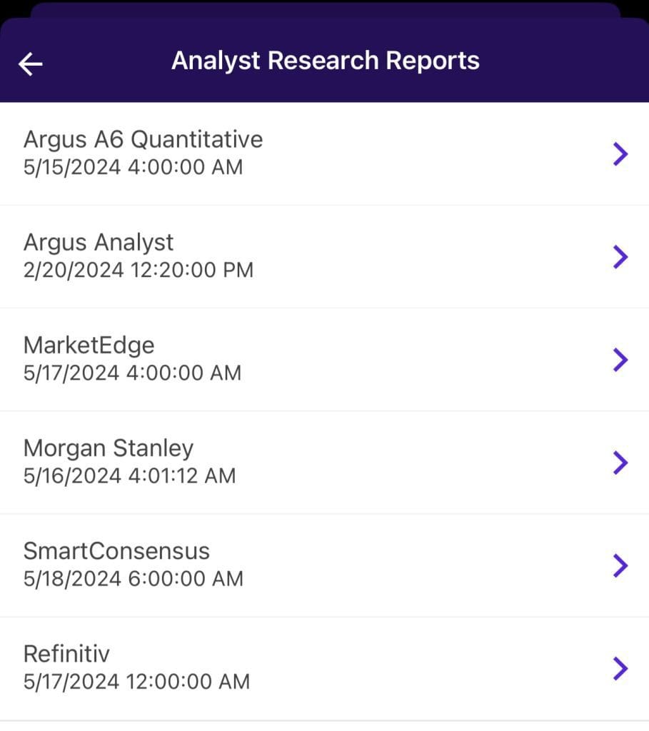 Analyst research reports, Etrade app