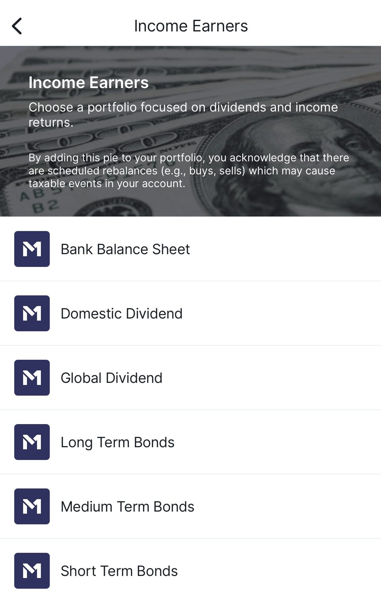 Income earners portfolio options, M1 invest