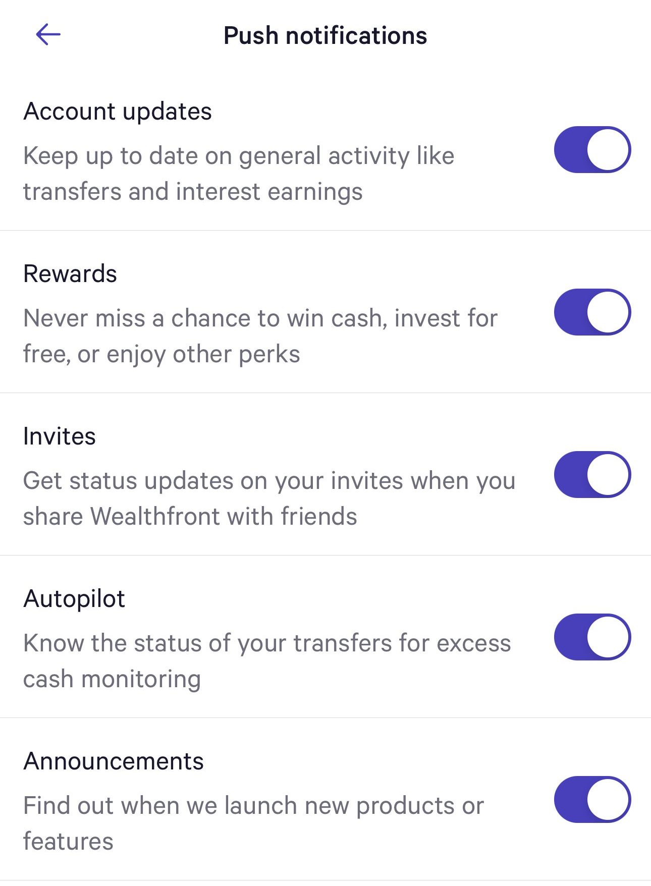 Wealthfront set push notifications and alerts