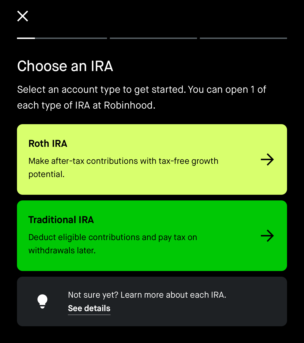 Open retirement account on Robinhood