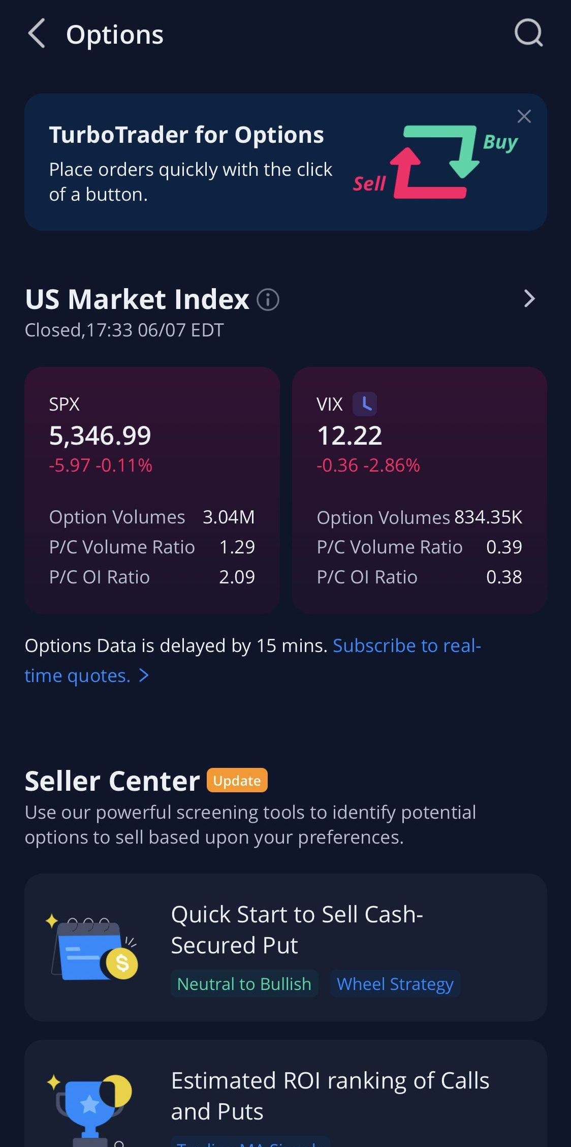 US market index options trading