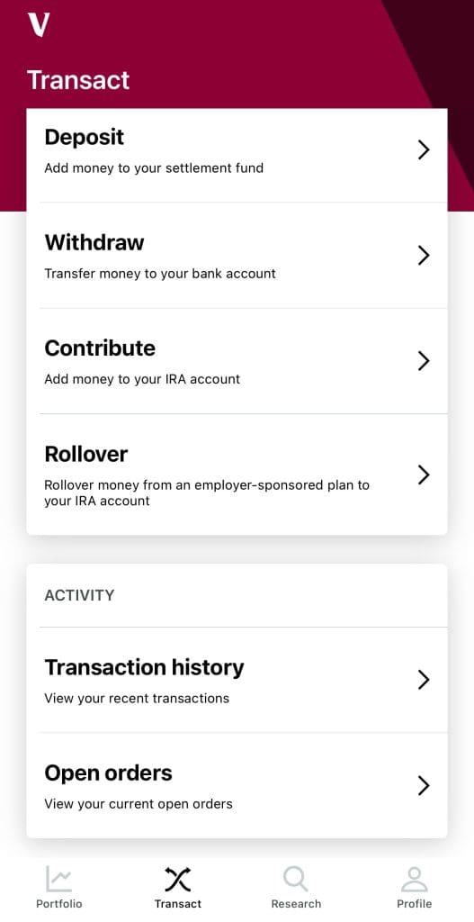 deposit, withdraw, contribute and rollover, Vanguard