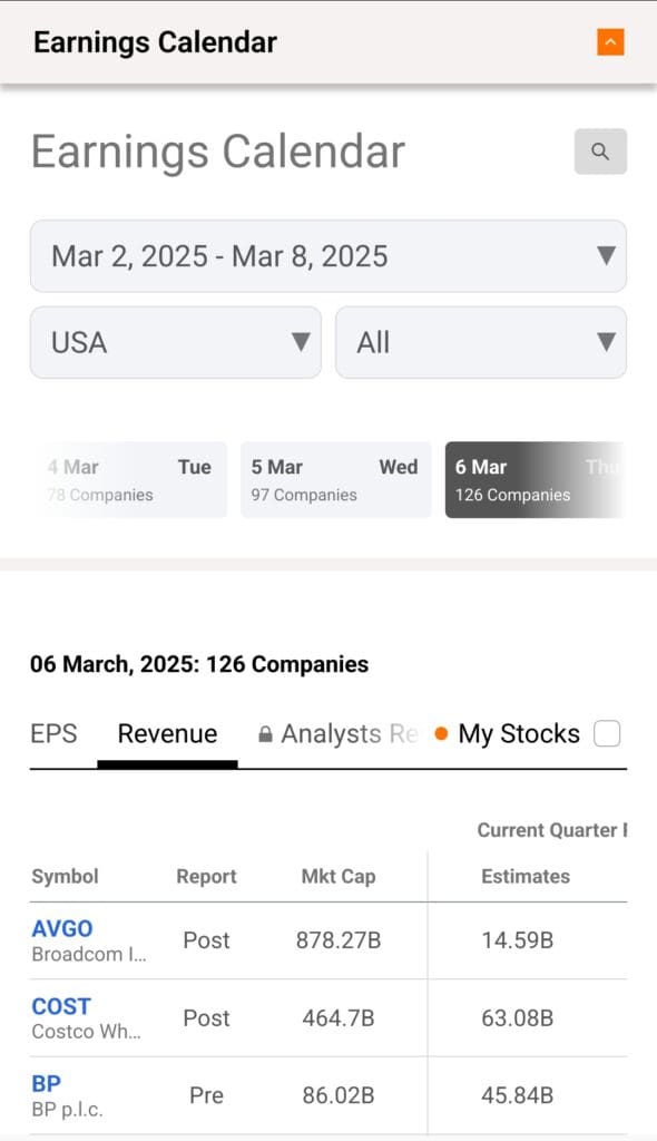 SeekingAlpha earnings calender