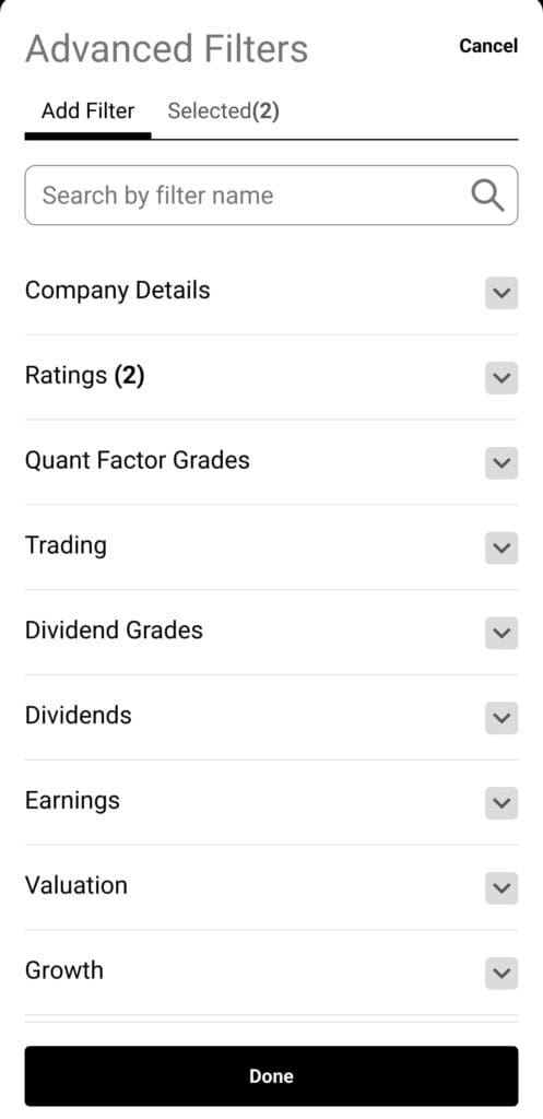 advanced filters, Seeking Alpha premium stock screener