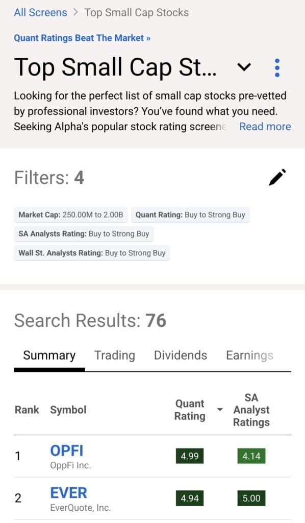filter top small cap stocks, Seeking Alpha Premium screener