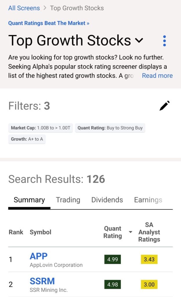 growth stocks filter in stock screener, Seeking Alpha