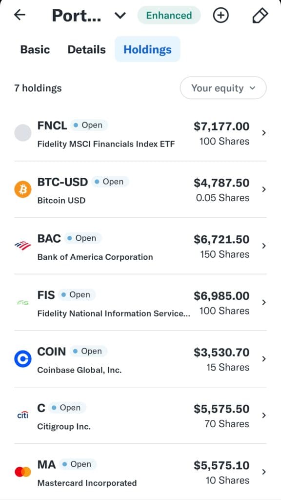 my portfolio holdings, Yahoo Finance