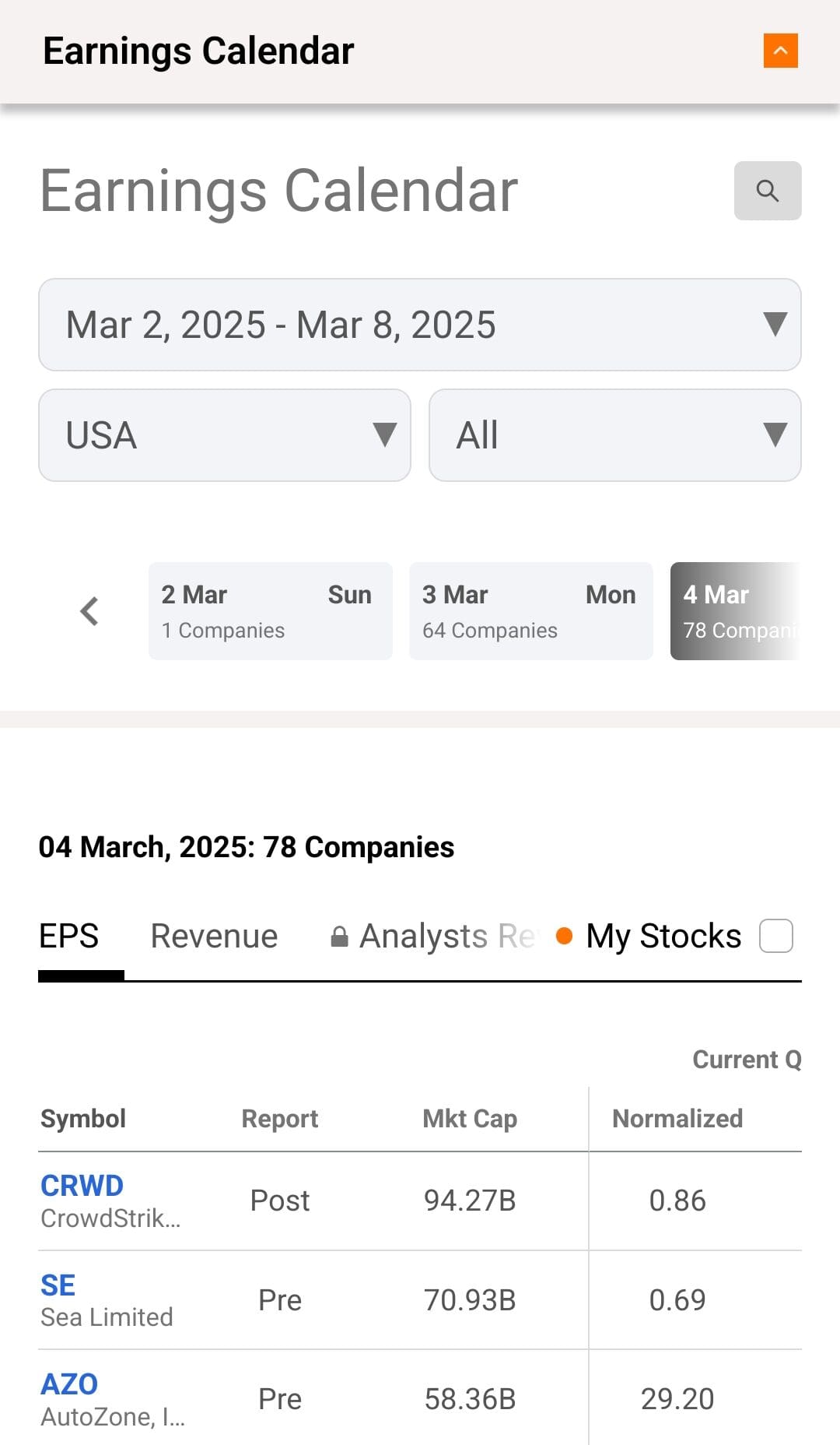 my stocks earning calender, SeekingAlpha basic plan