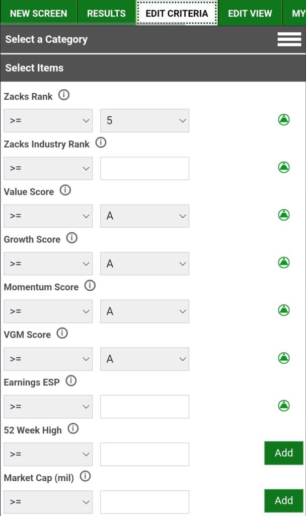 stock screener filters, Zacks