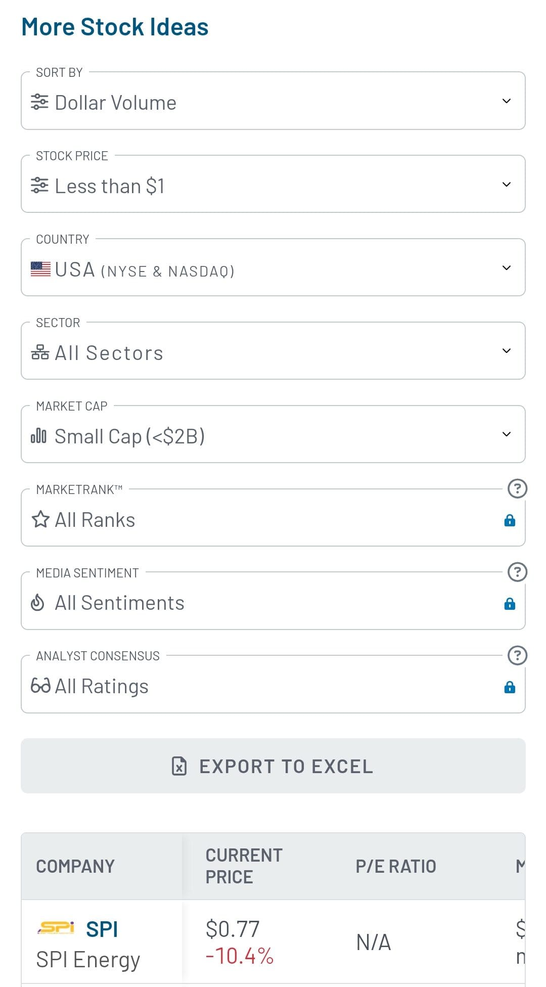 stock screener ideas and filters, MarketBeat free plan