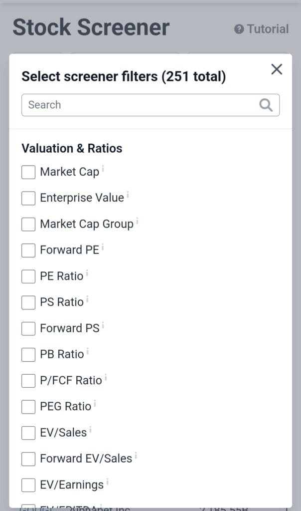 stock screener valuation and ratio filters, stockanalysis.com
